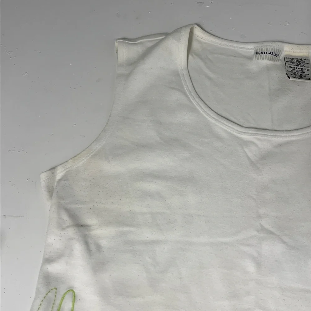 Vintage White Stag XL White Lime Green Embroidered Floral Sleeveless Tank Top - Picture 2 of 7